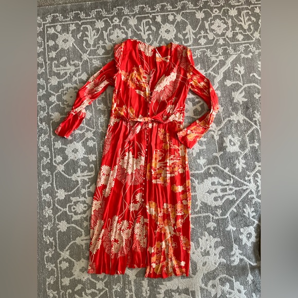 Free People Mixed Print Twist Tie Midi Dress Red/Orange - Picture 1 of 5